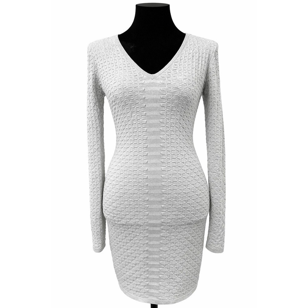 Vintage Cache Womens Sweater Dress Small Silver Metallic Textured Stripe Knit